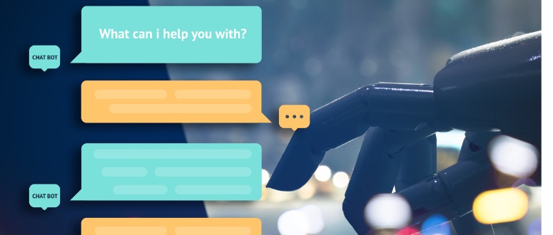 A photograph of a robot typing. Overlaid on the photograph is a conversation of a chat bot with an unknown person. The bot begins the conversation by asking What can I help you with?
