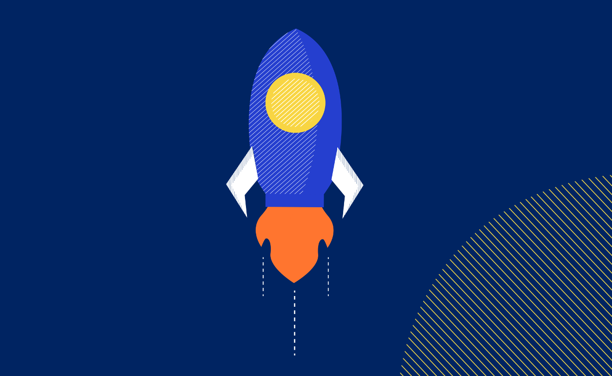 G Rocket An illustration of a flying rocketship in space with a planet nearby.