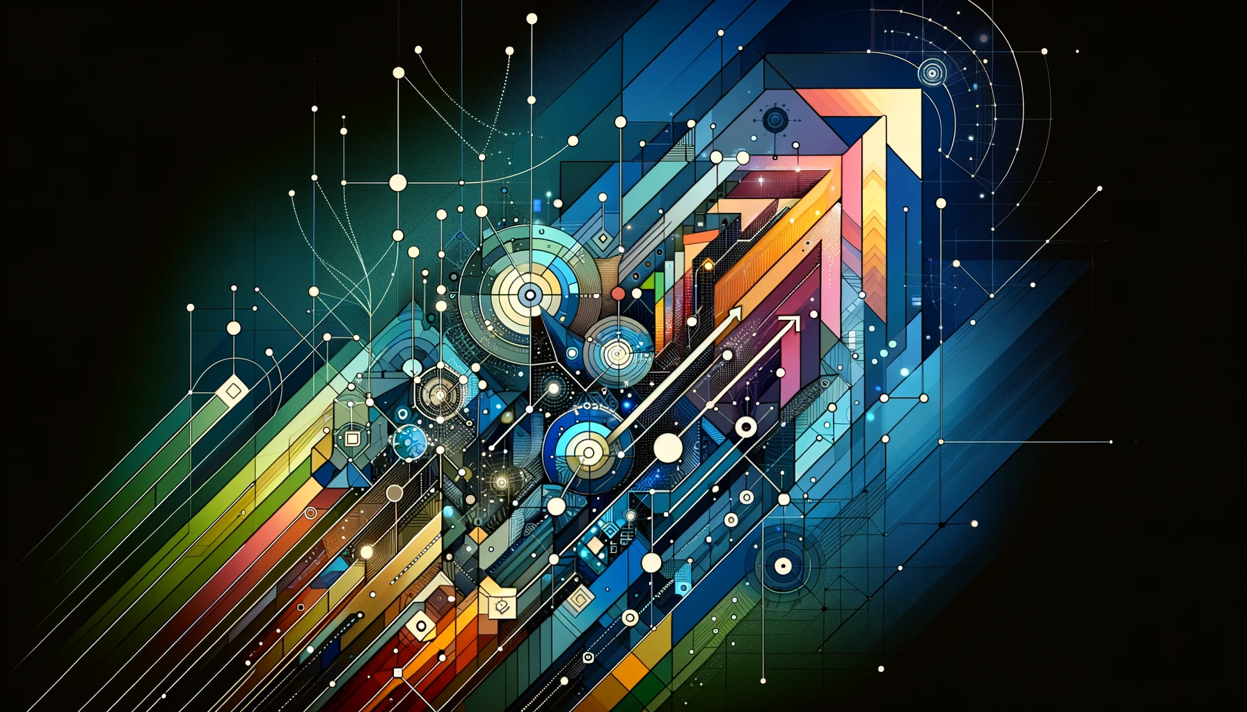 This image was generated using DALL-E 3. Digital art visualization emphasizing artificial intelligence concepts, incorporating geometric shapes, interconnected nodes, and lines